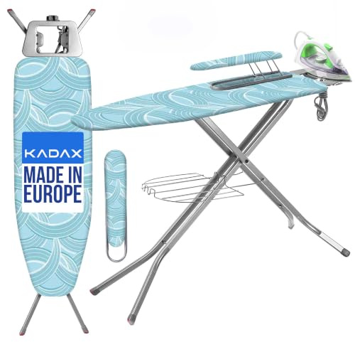 KADAX großes Bügelbrett 120x30cm mit Ärmelbügelbrett 49x11cm - Stabiler Bügeltisch für Dampfbügelstation, klappbar, höhenverstellbar, mit hitzebeständiger Bügeleisenablage