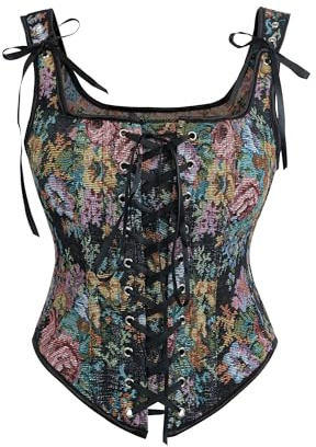 FCCAM renaissance top corsage damen corset top korsett top fairycore clothes korsett oberteil trachtenmieder mittelalter kleidung damen,Schwarz,M