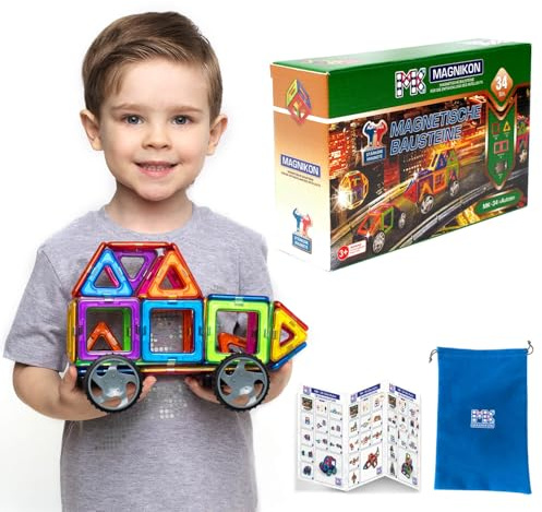 MAGNIKON Magnetische Bausteine Auto, Magnetbausteine Für Kinder, Bauklötze | 34 Teile, Magnet Bausteine Fahrzeuge, Magnetic Building Blocks, Magnete Kinder, Räder, Magnetsteine, Konstruktionsspielzeug