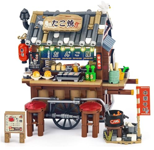 HIGH GODO Japanisch Straßenansicht Takoyaki Trolley Laden, 951 Teile Mini Klemmbausteine Japan Deko Modell, Creative Geschenke für Sammler Erwachsene Jugendliche