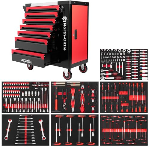North-Cittie 7-Box XXL Edition Werkzeugwagen mit 256 Stück Professionellem Werkzeug, Ideal Für Die Werkstatt, Zu Hause. Der Wagen, Der Ihnen Eine Aufgeräumtere Heimwerkerwelt Beschert