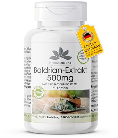 Baldrian Kapseln - 500mg - 60 Kapseln - schluckfreundlich - 4-fach konzentriert - vegan | HERBADIREKT by Warnke Vitalstoffe - Deutsche Apothekenqualität