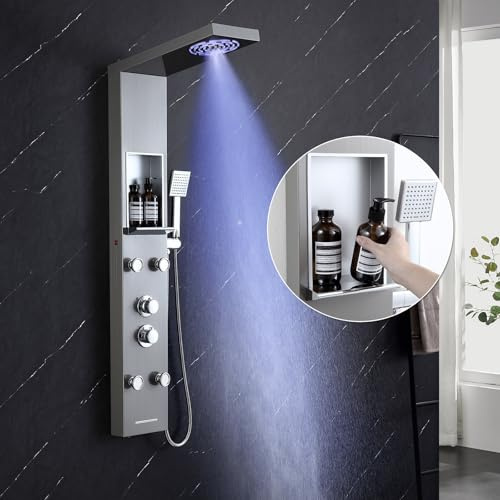 KINKIBOS Duschpaneel mit Armatur und Ablage, 5 Funktionen Duschsäule: LED Regen&Nebel Dusche, 4 Breitwinkel Verstellbare Massagedüsen, Handbrause und Wasserfall-Wanneneinlauf, Edelstahl Gebürstet