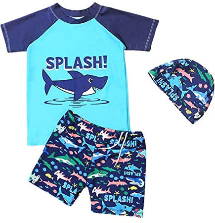 FedMois Kleinkinder Jungen Badeanzug 3-teiliges Schwimmkleidung Set Badeshirt Badeshorts Bademütze, Haie, Gr. 116 (Herstellergröße 2XL)