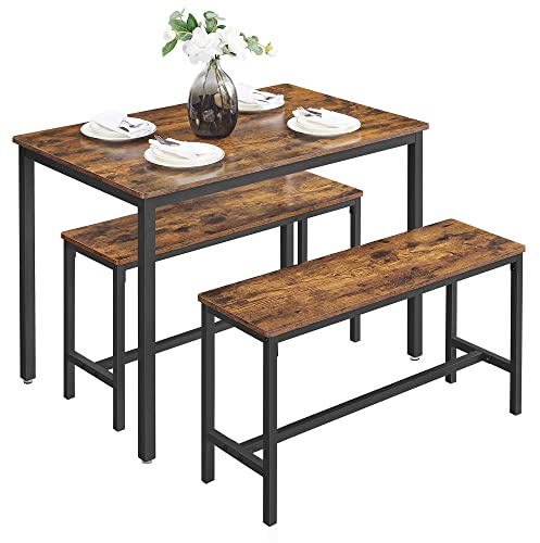 VASAGLE Esstisch mit 2 Bänken, 3er-Set, Küchentisch 70 x 110 x 75 cm, 2 Bänke je 30 x 97 x 50 cm, Stahlgestell, vintagebraun-tintenschwarz KDT070B01