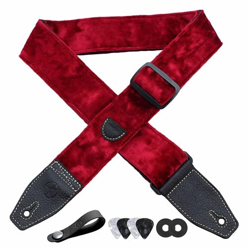 YIKOKO Gitarrengurt 2 Zoll Samtgitarrengurte mit Vollnarbenlederende, für Bass-, Elektro- und Akustikgitarren, kostenloser Gurtknopf, 2 Gurtschlösser und 4 Gitarrenplektren
