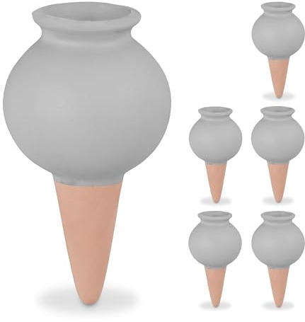 Relaxdays Tonspitzen Bewässerung, 6er Set, Wasserspender für Zimmerpflanzen & Balkonkästen, Gießkegel, terrakotta/grau
