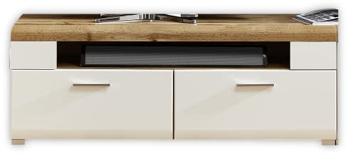 Stella Trading Fun Plus TV-Board mit schönem Eiche-Dekor Oberboden - 140 x 51 x 47 cm (B/H/T) ,Weiss Matt , Absetzungen Hirnholz