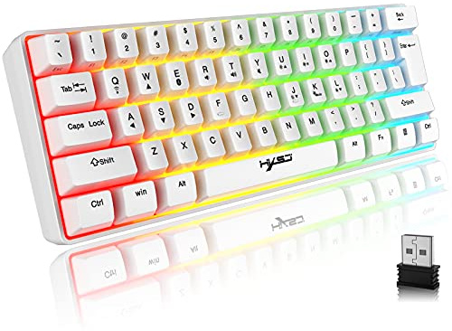 Tastatur Kabellos Gaming, 61 Tasten Bluetooth 5.0 + 2.4G Dual-Modus Ergonomische Ultrakompakte Leise 60% Tastatur mit Regenbogen Hintergrundbeleuchtung Akku für Windows Mac PC PS4 Gamer, Weiß