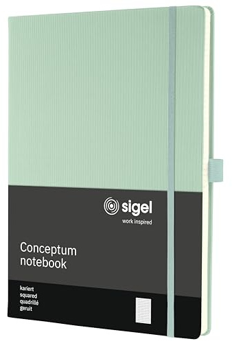 SIGEL CO680 Premium Notizbuch A4 kariert grün, Hardcover, 194 nummerierte Seiten,, nachhaltiges Papier, mit Inhaltsverzeichnis, Stiftschlaufe, Falttasche, Gummibandverschluss, Conceptum