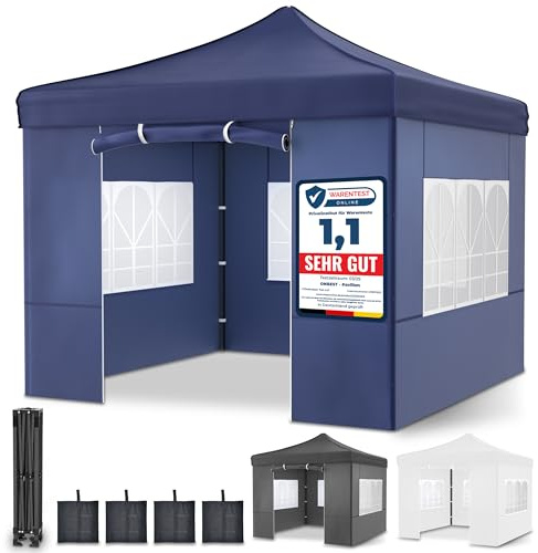 ONBEST Faltpavillon – 3x3m – Großer Eingang - Wasserdicht – Pop up Gestell – Seitenwänden mit 3x3 Fenstern – Zusätzlich mit Tasche – Faltbarer Outdoor Pavillon (Blau)