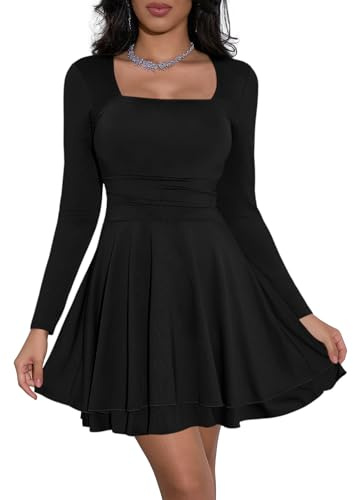 Cicy Bell Damen Kleider Langarm Quadratischer Ausschnitt Partykleid Rüschensaum Korsett Minikleid Geraffte Taille Kleid Kurz Elegant Bodycon Schwarz M