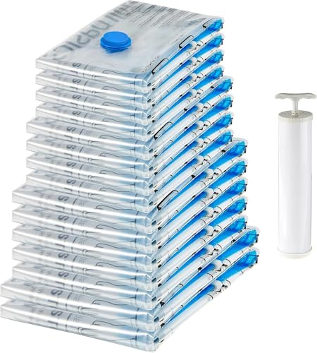 Amazon Basics Vakuumbeutel für Kleidung mit Luftdichtem Ventil und Handpumpe - 2 x X-Jumbo, 5 x Jumbo, 4 x Groß, 4 x Mittelgroß, 15er-Pack, 15 stück, 1er-Pack, Reißverschluss, Transparent