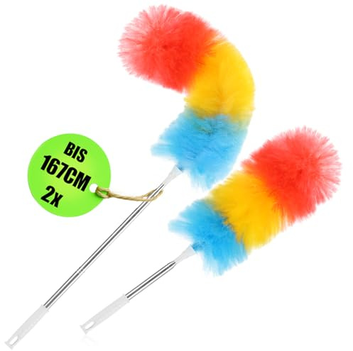 com-four® 2X Staubwedel mit Teleskopstiel - Staubwischer extra lang und ausziehbar - Spinnweben-Besen in bunten Farben - Teleskopstaubwedel (02 Stück - Regenbogen - lang)