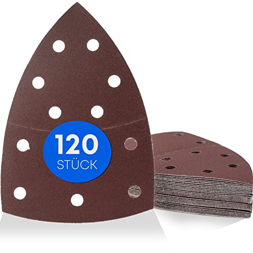 Haerd Group 120 Stück/Prio-Schleifdreiecke / 11-Loch / 105 x 152 mm/je 20 x Korn 40-60 - 80-120 - 180-240 / für Multischleifer/Schleifblätter/dreieckige Schleifpads/Schleifpapier