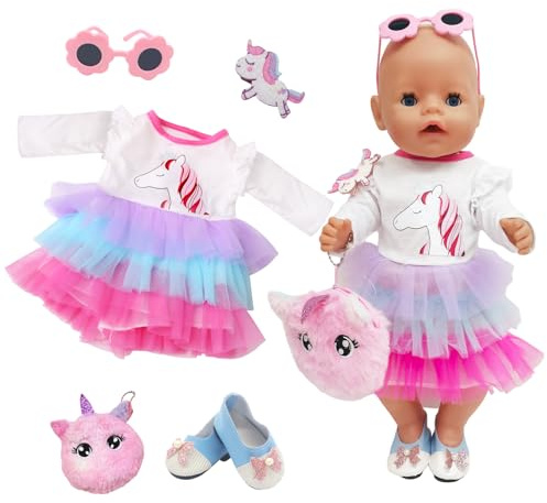 WanderGo Baby Puppen Puppenkleidung 35-43 cm, 5-teiliges Outfit mit 1 Puppenkleider + Tasche + Sonnenbrille + 1 Paar Socken + 1 Haarspange , Babypuppe Kleidung für 14-18 Zoll Puppen(Ohne Puppe)