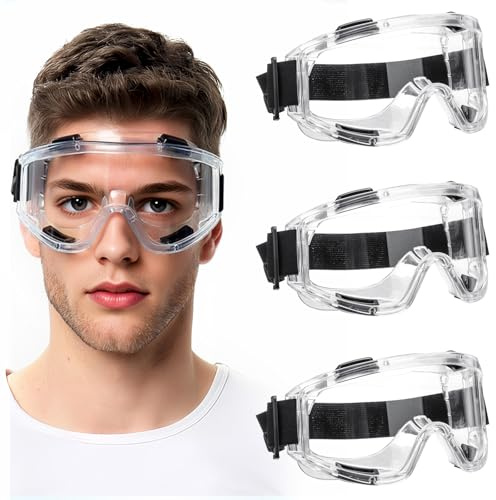 Zyiphor 3 Stück Schutzbrille Arbeitsschutzbrille Antibeschlag, Staubschutzbrille, Vollsichtschutzbrille UV-Schutz, Verstellbares Kopfband Vollschutzbrille für Brillenträger Labor Baustelle Werkstatt