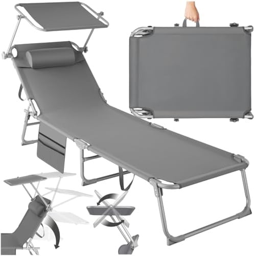 tectake® Sonnenliege klappbar, tragbar, Liege mit Seitentasche, Strandliege, Gartenliege mit Dach, Liegestuhl mit Verstellbarer Rückenlehne, inkl. Kopfkissen - für Balkon, Terrasse, Camping - grau