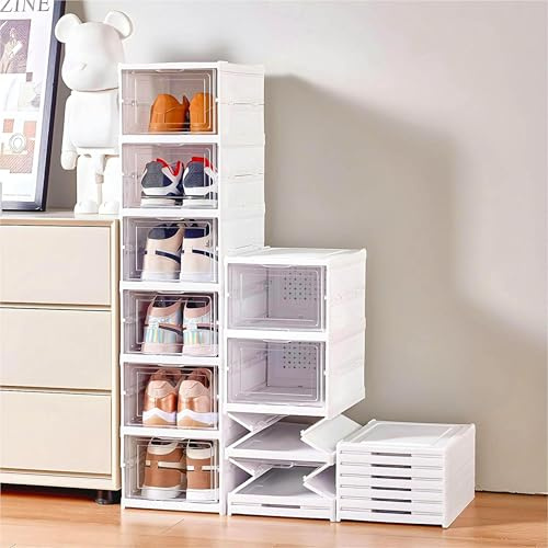 GUDEMAY Schuhboxen Stapelbar, Schuh Organizer aus Kunststoff，Weiß 6Ebenen | installationsfrei, Verdickter faltbare Schuhregal mit transparente Türen, Schuhaufbewahrung platzsparend Sneaker bis Größe 46