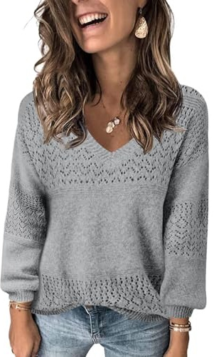 Fisoew Damen V-Ausschnitt Strickpullover Langarm Gerippte Pullover Grau S