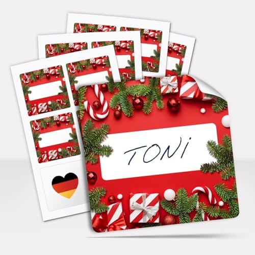 48 Geschenkaufkleber Weihnachten – Rot, zum Beschriften, 5,6 cm | 48 quadratische Weihnachtsaufkleber in Rot-Grün – 5,6 × 5,6 cm, selbstklebend und mit großem weißen Namensfeld