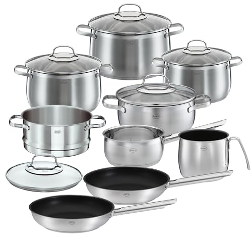 RÖSLE ELEGANCE GLOBE Topfset 10-tlg., 6 hochwertige Kochtöpfe, 1 Dämpfeinsatz, 2 Bratpfannen im Set, Edelstahl 18/10, mit Glasdeckel, spülmaschinengeeignet und induktionsgeeignet, Silberfarben