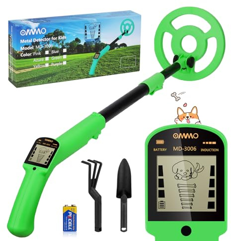 OMMO Metalldetektor für Kinder, Hochpräziser Metallsuchgerät mit LCD-Display, Leichter Metalldetektor Set mit Verstellbarem Stiel, 6 '' Suchspule, Gold Detektor mit Schaufel Rechen, Grün