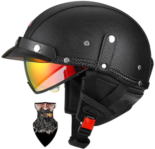 Retro Leder Halbschalenhelm ECE-zertifizierter -Design mit Hochfestem ABS PC-Visier - Abnehmbares Innenfutter, Schnellverschluss, für Chopper/Moped/Roller - HerrenDamen (D, XXL61~62CM)