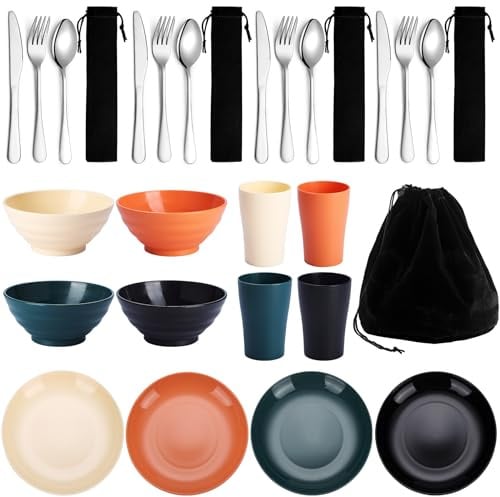 Kyraton Camping Besteck Set, wiederverwendbarer Leichter Becher, Schalen, Teller und Edelstahlbesteck mit schwarzer Tasche, spülmaschinenfest