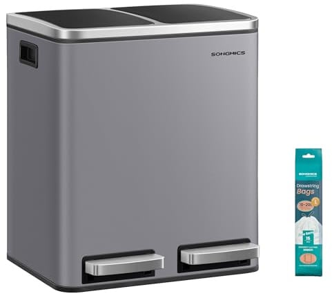 SONGMICS Mülleimer Küche, 2 x 15 Liter, Mülltrennsystem 2 Fächer, inklusive 15 Müllbeutel, Abfalleimer, Treteimer, recycelbare Abfälle, Biomüll, Softclose-Deckel, mattgrau LTB030G01