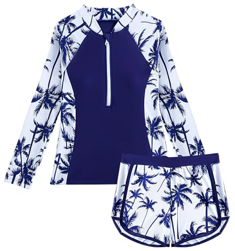 SEAUR Mädchen Rashguard Set 1/2 Zip Schwimmshirt Badeshorts Zweiteiliger Badeanzug Sonnenschutz Badebekleidung Kinder Langarm Schwimmanzug 130-160