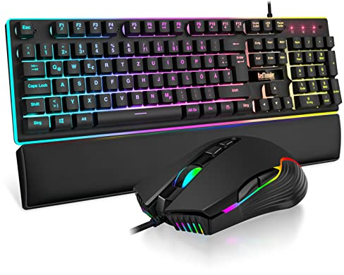 RedThunder K10 Gaming Tastatur und Maus Set, QWERTZ DE-Layout, Metallplatte und Handballenauflager,RGB-Hintergrundbeleuchtung und 7D mit Ergonomische für PC Gamer(Schwarz)