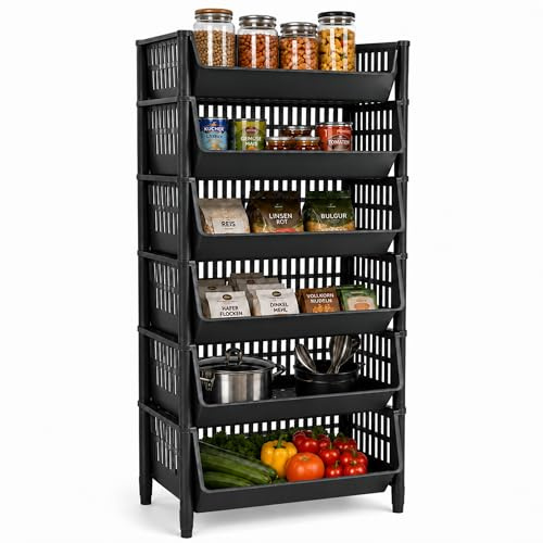 ARTECSIS® Korbregal aus Kunststoff mit 6 Körben stapelbar & modular erweiterbares Stecksystem schwarz 110cm hoch - Kellerregal & Vorratsregal für Lagerung - Abstellraum Steckregal & Lagerregal