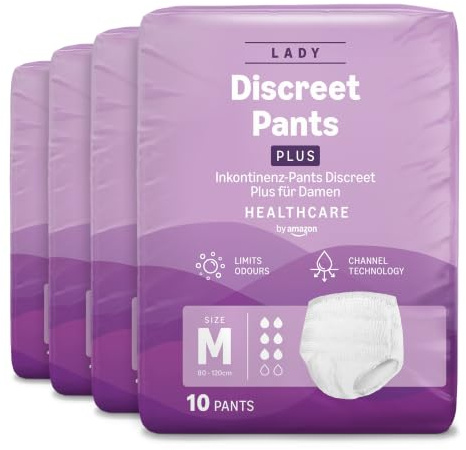 Healthcare by Amazon Discreet Damen Inkontinenz Pants, Plus-Saugstärke, M, 40 Stück (4 Packungen à 10 Stück), Weiß, (zuvor Amazon Basic Care) - Verpackung kann abweichen