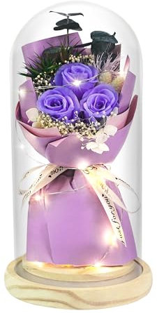 HVY Konservierte Blumen, Rosen-Geschenke für sie, leuchtender Rosenstrauß in Glaskuppel, Geschenke für Valentinstag, Muttertag, Jahrestag, Geburtstag, für immer, echte Rosen, Geschenke für Mutter,