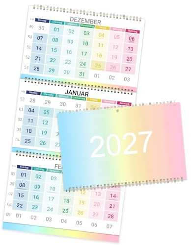 3 Monatskalender 2027 Wandkalender - 14 Monate inkl. ganzem Jahr 2027 | Monatskalender mit Schulferien und Feiertagen - Ideal für Büro und Familie, Mehrfarbig, 79,5x29,5 cm