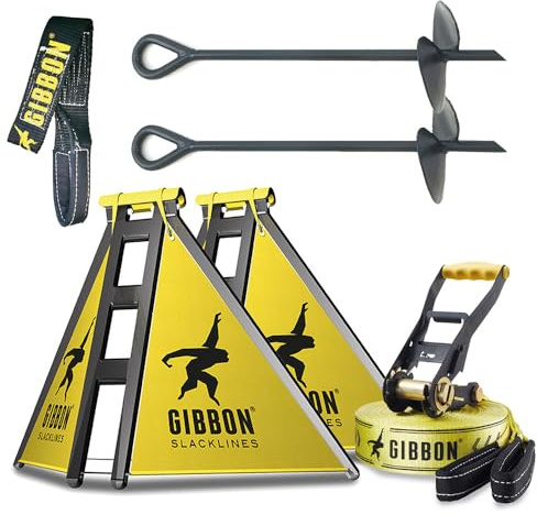 Gibbon Slacklines IndependenceKit Classic für Slacklinen ohne Bäume - Witterungsbeständig, Balance und Spaß mit Trampolin-Effekt, inkl. Slackframes, Bodenschrauben und Anleitungen