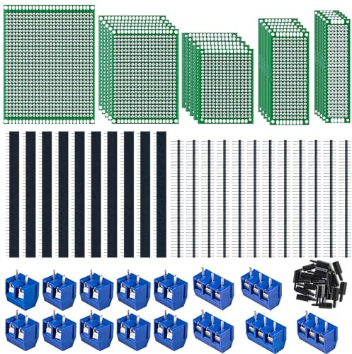 Miuzei 78Stk Lochrasterplatte Kit, 21 Doppelseitig PCB Board Leiterplatte | 21 Platinen in 5 Größen, 22x 40Pin Header, 15 Schraubklemmen 2P/3P 16A, 20 Nylonsäulen, DIY Prototypen & Testaufbauten