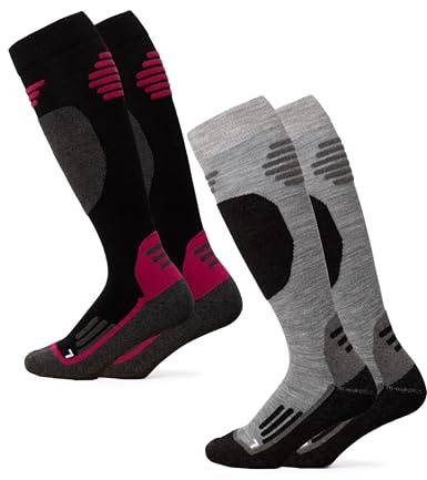 Occulto Herren & Damen Merino Skisocken 2er Pack (Modell: Toni) Grau Pink 39-42