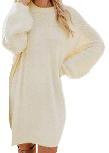 Strickkleid Damen Herbst, Oversize Pullover Kleider Elegante Strickpullover Knielang Longpullover Langarm Pulloverkleid Rundhals Winterkleider Locker Winterpullover Moderne Herbstkleider, S-5XL