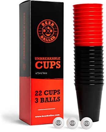 BeerBaller® Unbreakable Cups - 22 Hartplastik Beer Pong Becher & 3 Bälle | Aus recyceltem Plastik! | Mehrweg Bierpong Becher | spülmaschinenfest | 473ml/16oz - Red Cups | Made in Germany