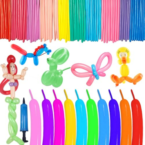 100 Stück Modellier Luftballon,Lange Bunte Ballons,Modellierballons mit Luftpumpe,Zauberballons,Lange Luftballon,Magischer Ballons,Luftballon Bunt Deko für Hochzeit Geburtstage Partys. (100)