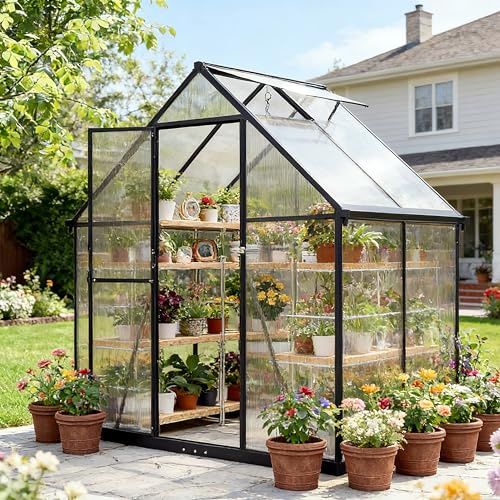 2026 Polycarbonat Gewächshaus Schwarz 195x113x175, Aluminiumrahmen Garten & Terrasse Pflanzenhaus mit Lüftungsfenster, Regenrinnen, Stabil Alle Wetter, Winterfest Außengewächshaus, Tomatengewächshaus