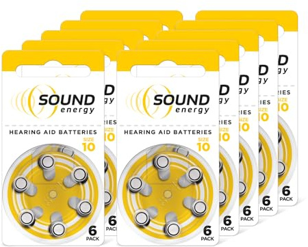 Energizer Sound Energy Hörgerätebatterien Größe 10 (60 Stück) Vorratspack, Zink-Luft, Lange Laufzeit, quecksilberfrei, Batterien für Hörgeräte & Hörhilfen, [Exklusiv bei Amazon]