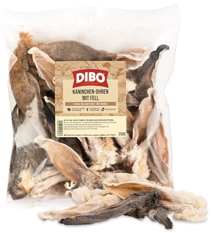 DIBO Kaninchen-Ohren mit Fell, 250g Beutel - 100% schonend getrockneter Naturkausnack für Hunde, natürliche Darmreinigung, natürlich und artgerechtes Barf Leckerli
