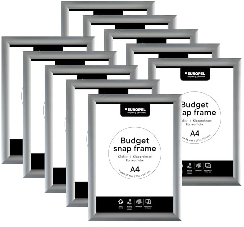 Europel Klapprahmen Budget, Packung 10 Stück A4 mit 25 mm Aluminium-Profil - aufklappbarer Plakatrahmen mit Gehrungsecke - Schnapprahmen für u.a. Poster, Zertifikate, Fotos & Werbemittel - Silber