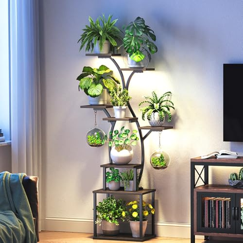 ShineMuse Pflanzenregal mit Wachstumslicht 150cm,Blumenregal Indoor Holz Blumenständer Metall mit LED Wachstumslicht,8-stufiger Pflanzenständer für draußen und Indoor,Wohnzimmer,Balkon,Schlafzimmer