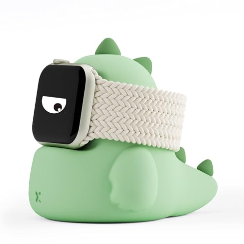 ELETIUO Lade-Ständer kompatibel mit Apple Watch Series 1-10/SE/SE2/Ultra/Ultra 2 (49/45/44/42/41/40/38mm), Dinosaurier-iWatch-Ladestation mit Nachtmodus, mintgrün
