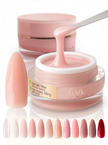 No File Aufbaugel Gelnägel ALMOND NUDE 15ml UV Gel selbstglättend o. Feilen | Für LED-Lampen geeignet · angenehm pinchbar · mittelviskos für sicheres Arbeiten · Profis & Anfänger · Lynis-Nailshop.de