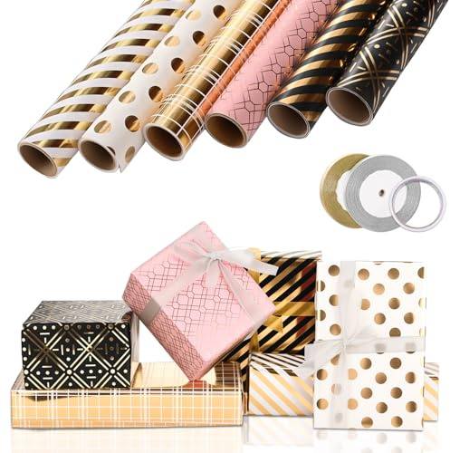 6 Rollen Geschenkpapier Set, 3m x 43cm Geschenkpapier Gold Schwarz Rosa Geschenkpapier Geburtstag mit Schleifenband Klebeband für Hochzeit, Kindergeburtstag, Babyparty, Abschluss, Kommunion